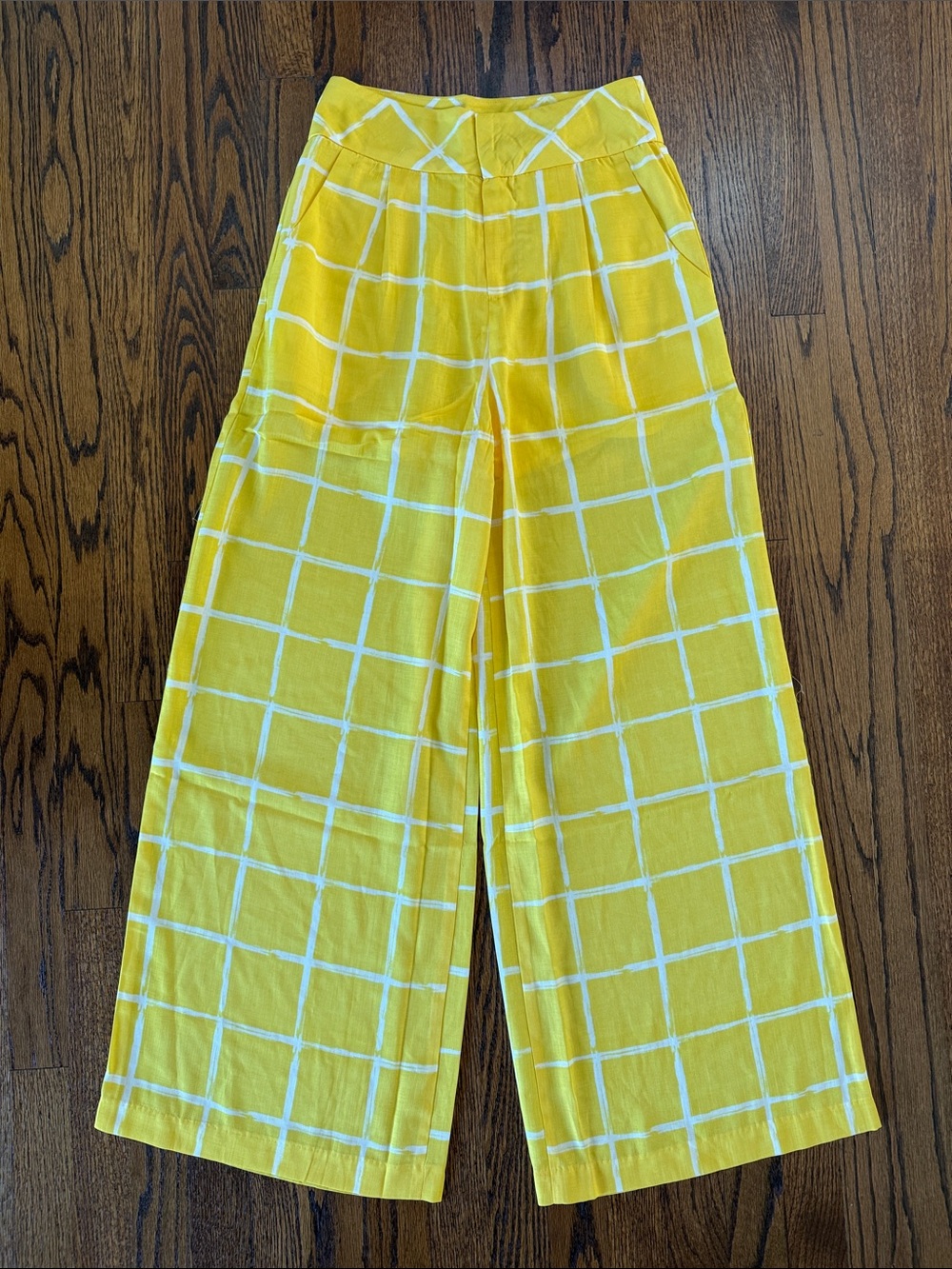 B42 Moon River Women’s Medium Yellow & White Windowpane Wide-Leg Pants